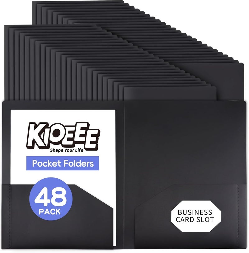 KIOEEE Plastic Folders with Pockets Bulk (48 Pack), Heavy Duty Plastic Folders with 2 Pocket and Business Card Slot. Fit Letter Size Paper, Black for School - Image 1